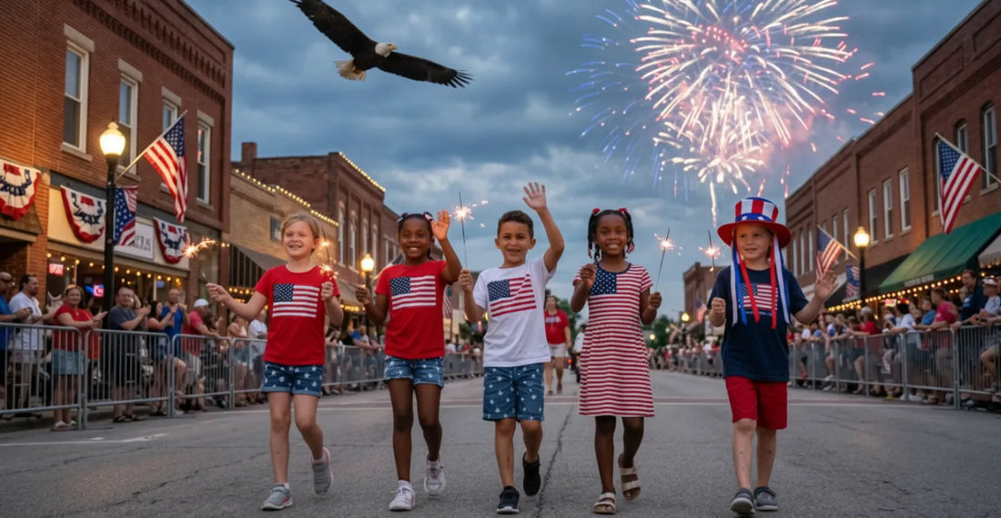 Children in patriotic outfits with an eagle and fireworks in the background