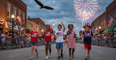 Children in patriotic outfits with an eagle and fireworks in the background