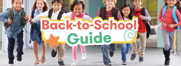 A colorful graphic banner reading 'Back-to-School Guide' with a group of smiling children wearing backpacks and running in front of a blurred school building background.