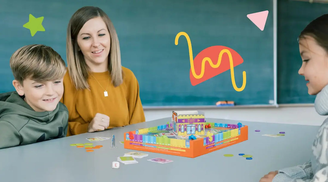 Money and trading game for kids. Photo teacher with kids in a classroom playing money mall game BankIt!