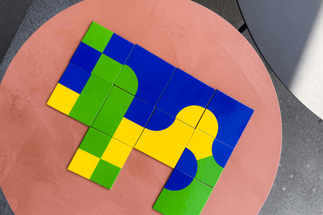 Photo of tile spatial reasoning math game for adults, Trifusion.