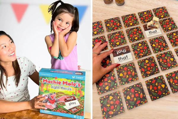 Mother and preschooler playing sight word game - Machie Mole's Sight Words.