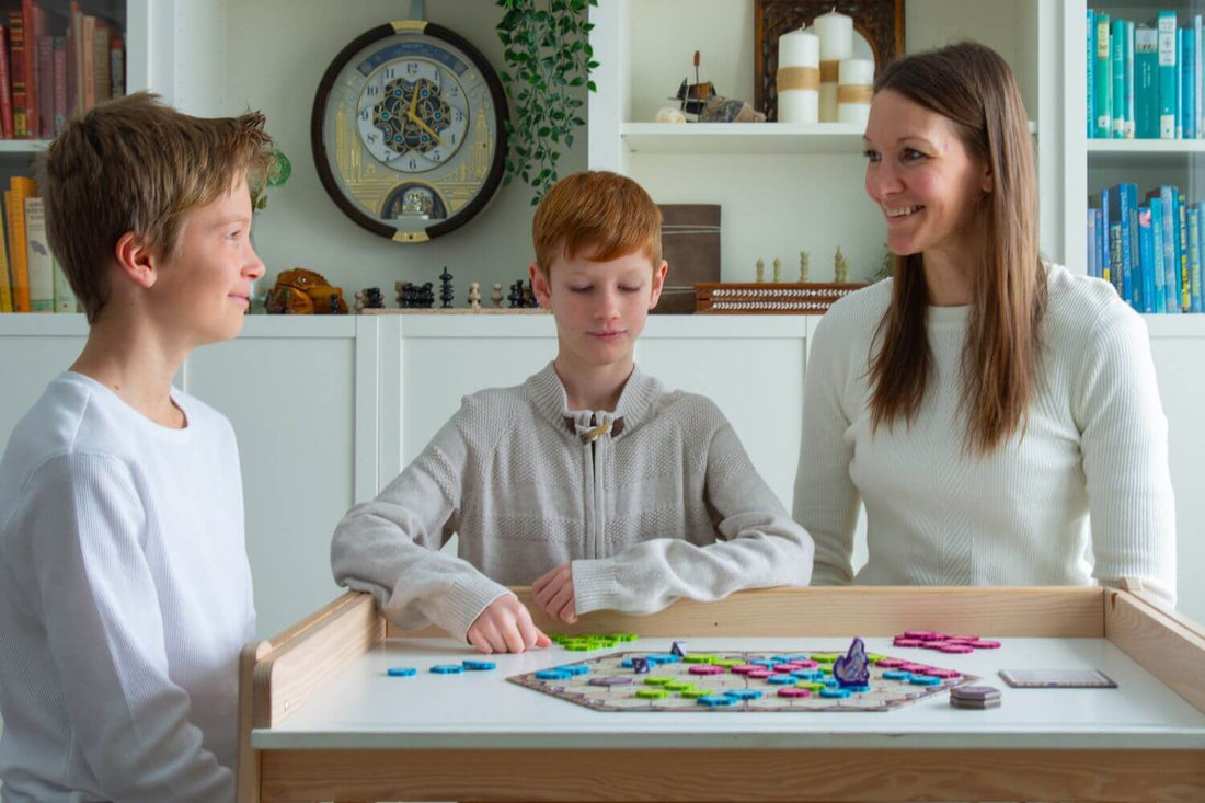 Family connecting and playing board game, Prickly Path