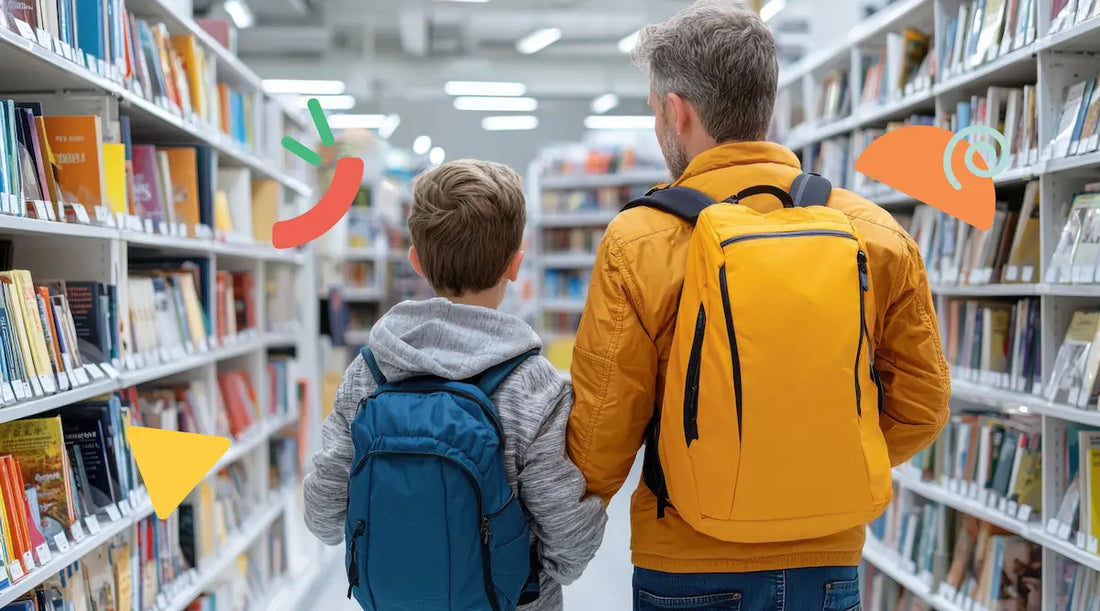Dad and son walking through a library. Photo for a blog on the importance of curiosity and play-based learning.