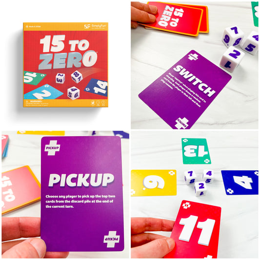 15 to Zero card and dice game from SimplyFun being played on a light-colored tabletop