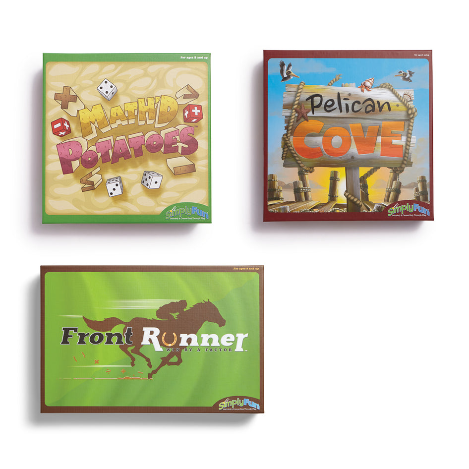 Algebra and More Game Set by SimplyFun, featuring Math’d Potatoes, Pelican Cove, and Front Runner.