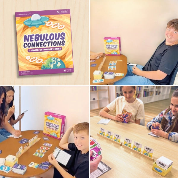 A four-panel collage showing the board game 'Nebulous Connections' in use with multiple people seated around tables, with the game prominently visible in each panel.