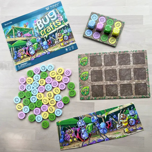 Bug Crafts is a resource management board game where kids ages 8+ plan and trade materials at a bug market to craft goods for their bug friends.-SimplyFun