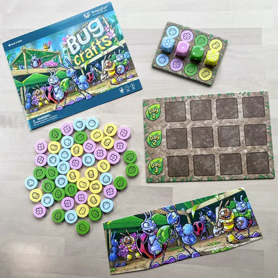 Bug Crafts is a resource management board game where kids ages 8+ plan and trade materials at a bug market to craft goods for their bug friends.