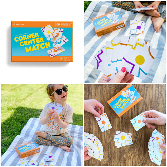 Corner Center Match card game from SimplyFun being played both inside on a table and outside on a picnic blanket