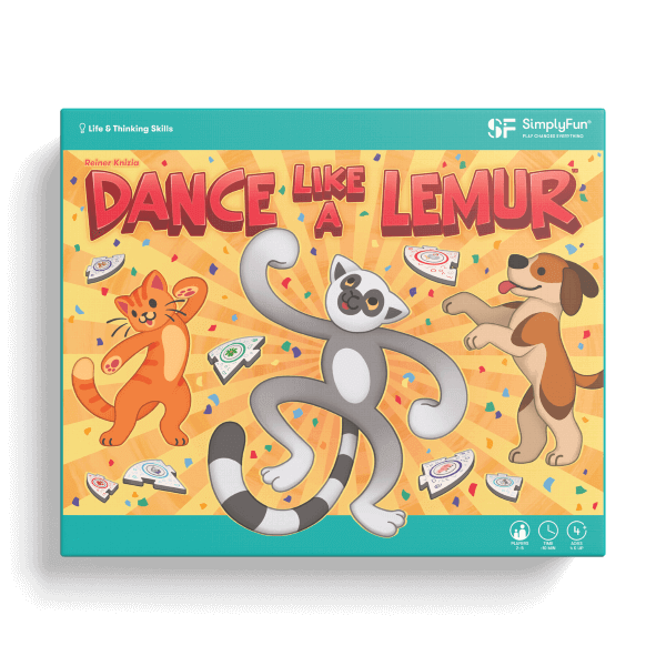 Dance Like a Lemur game from SimplyFun. Featuring a colorful box with playful lemur illustration and foam game puzzle pieces and die with a variety of animal and icon imagery. 