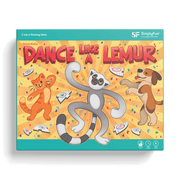 Dance Like a Lemur game from SimplyFun. Featuring a colorful box with playful lemur illustration and foam game puzzle pieces and die with a variety of animal and icon imagery. 