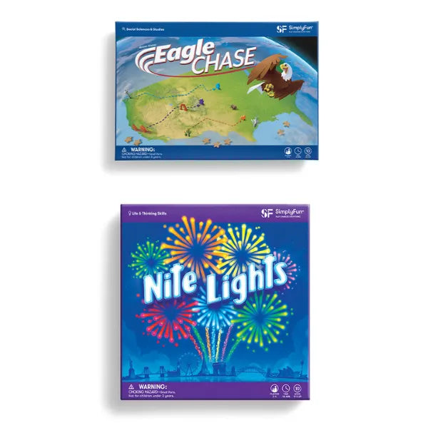 Two board game boxes, 'Eagle Chase' and 'Nite Lights', on a white background.-SimplyFun