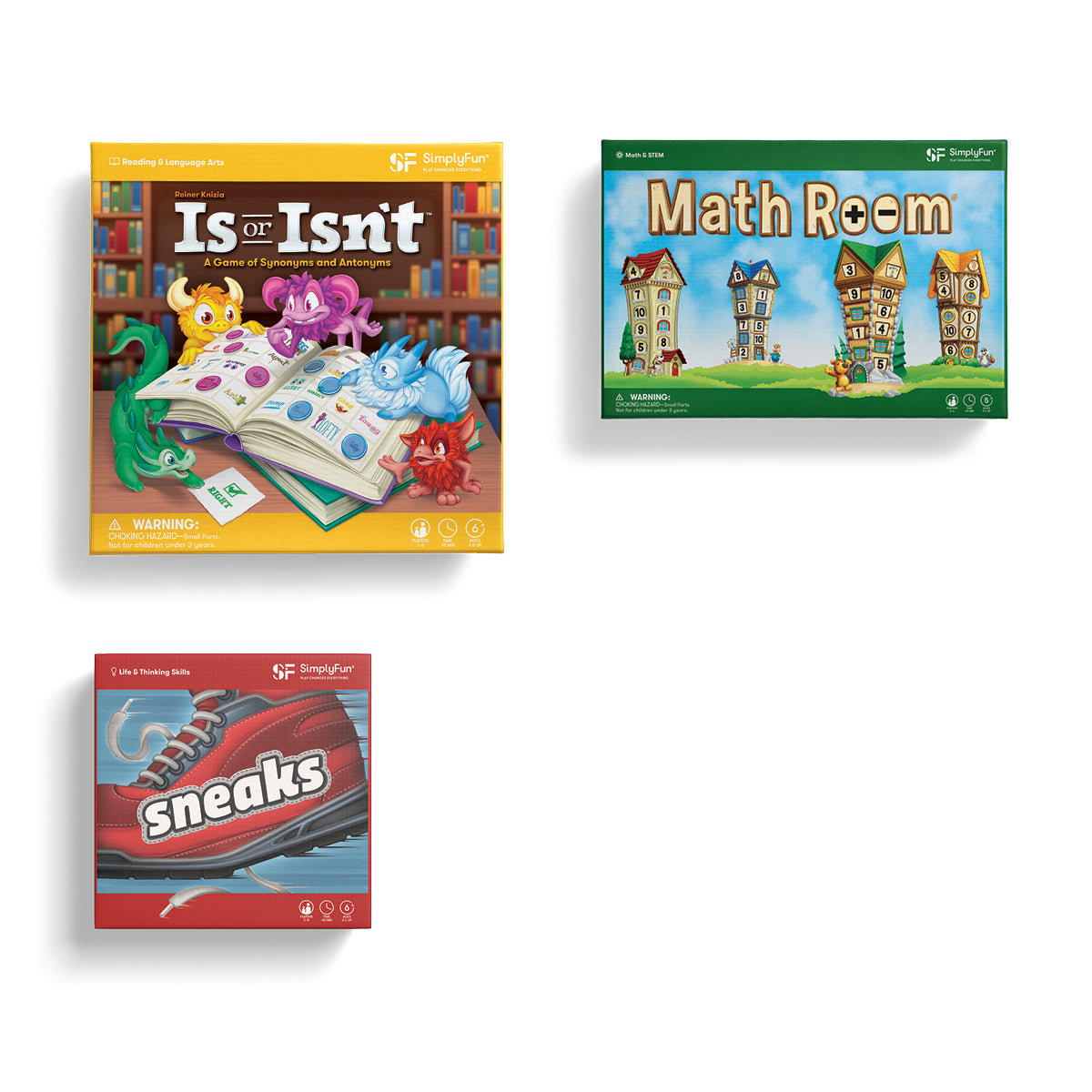 Early Elementary Game Set from SimplyFun, featuring Math Room, Sneaks, and Is or Isn’t.