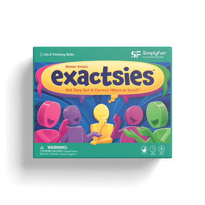 Simply Fun exactsies board game box on a white background with a soft drop shadow. The box features a bright teal border, a large yellow title banner reading 'exactsies', and colorful abstract stick-figure characters in pink, purple, yellow, and green on a blue background.