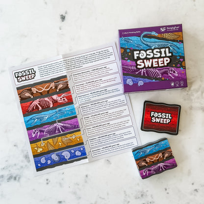 Fossil Sweep by SimplyFun, a fun fossil-themed card game for ages 8 and up.