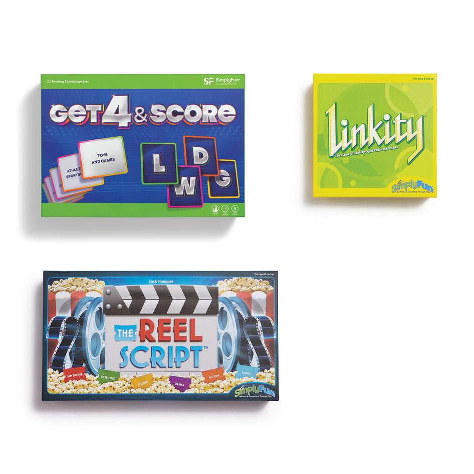 Language Game Set from SimplyFun featuring Linkity, Get 4 & Score, and The Reel Script.