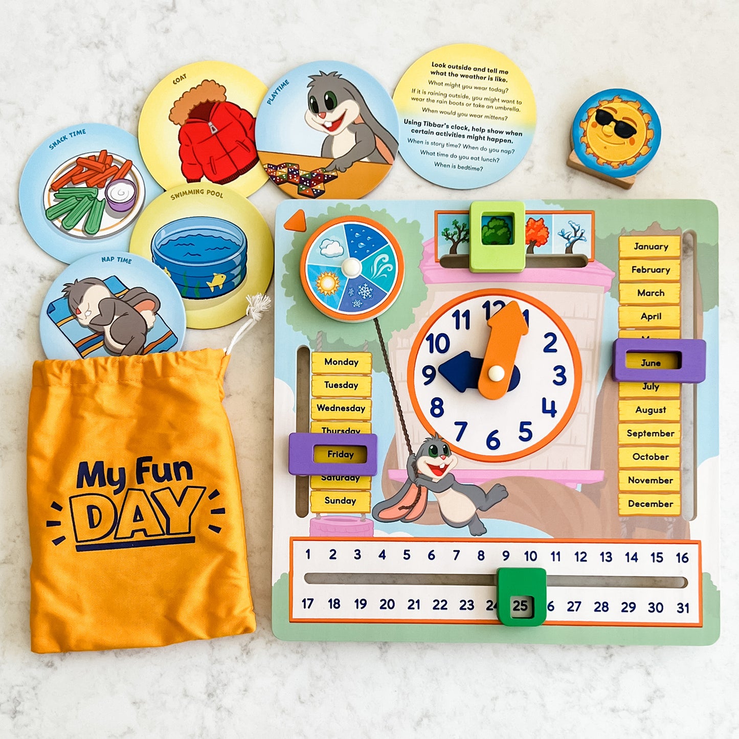 My Fun Day by SimplyFun is a wooden board designed to teach children about the weather, days of the week, months, and more.