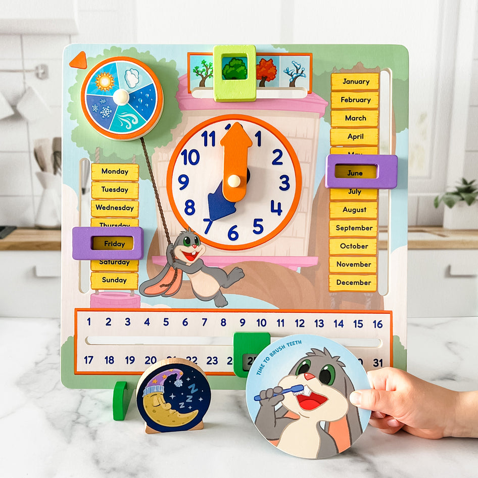 My Fun Day by SimplyFun is a wooden board designed to teach children about the weather, days of the week, months, and more.