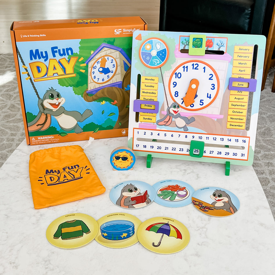 My Fun Day by SimplyFun is a wooden board designed to teach children about the weather, days of the week, months, and more.