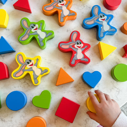 My Fun Shapes by SimplyFun. 30 wooden blocks and disc cards to aid in learning colors and shapes, and practicing fine motor skills.