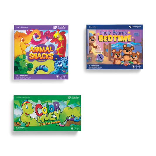My First Game Set, introductory games for ages 3+, by SimplyFun. Featuring Uncle Beary’s Bedtime, Color Huey & The Four Seasons, and Animal Snacks.