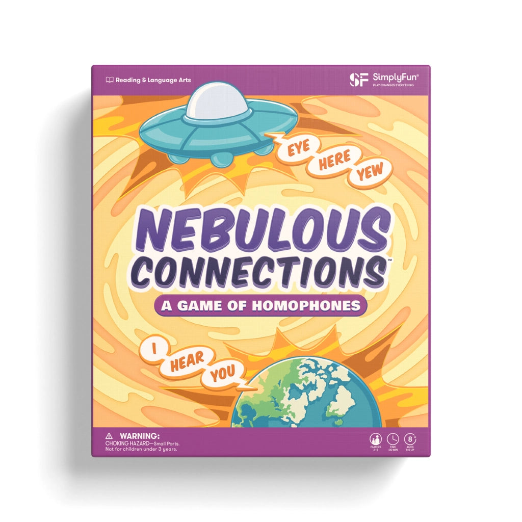 Nebulous Connections: A Game of Homophones card game box by SimplyFun, featuring a purple and orange design with a cartoon UFO and globe illustration.