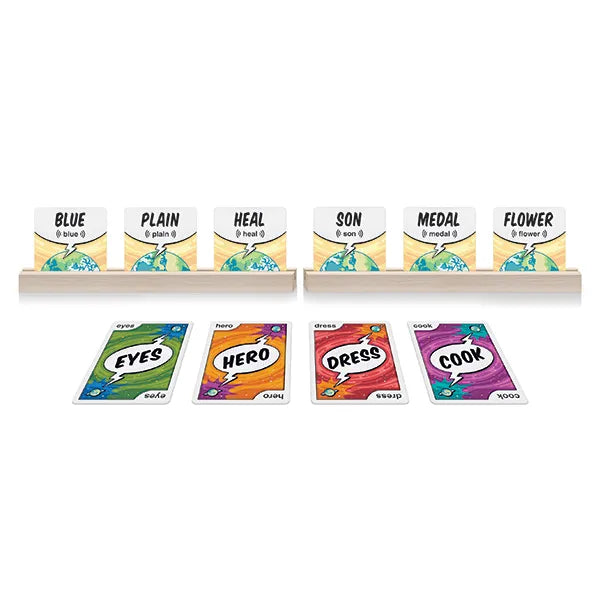 A set of card games displayed on a white background, featuring wooden stands holding six cards with four colorful face-up cards below.-SimplyFun