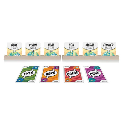 A set of card games displayed on a white background, featuring wooden stands holding six cards with four colorful face-up cards below.