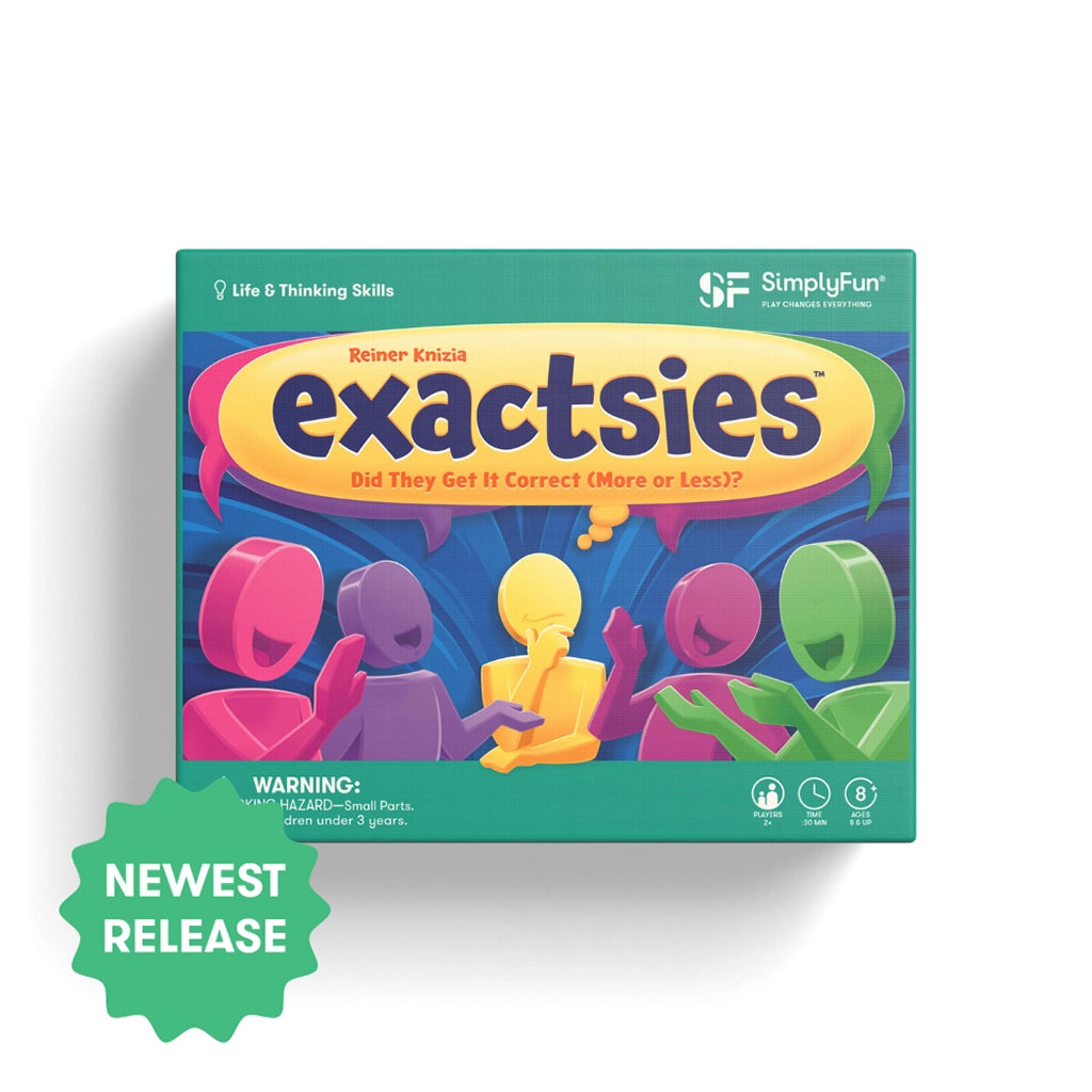 Simply Fun exactsies board game box on a white background with a soft drop shadow. The box features a bright teal border, a large yellow title banner reading 'exactsies', and colorful abstract stick-figure characters in pink, purple, yellow, and green on a blue background.-SimplyFun