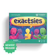 Simply Fun exactsies board game box on a white background with a soft drop shadow. The box features a bright teal border, a large yellow title banner reading 'exactsies', and colorful abstract stick-figure characters in pink, purple, yellow, and green on a blue background.
