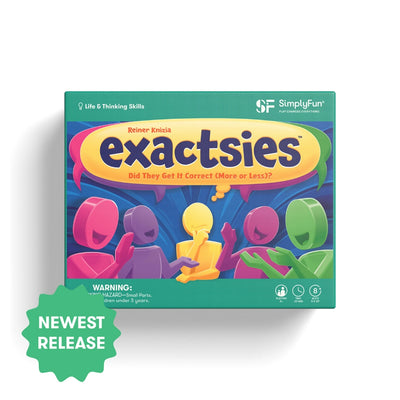 Simply Fun exactsies board game box on a white background with a soft drop shadow. The box features a bright teal border, a large yellow title banner reading 'exactsies', and colorful abstract stick-figure characters in pink, purple, yellow, and green on a blue background.