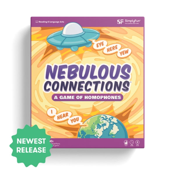 Nebulous Connections: A Game of Homophones card game box by SimplyFun, featuring a purple and orange design with a cartoon UFO and globe illustration.