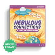 Nebulous Connections: A Game of Homophones card game box by SimplyFun, featuring a purple and orange design with a cartoon UFO and globe illustration.