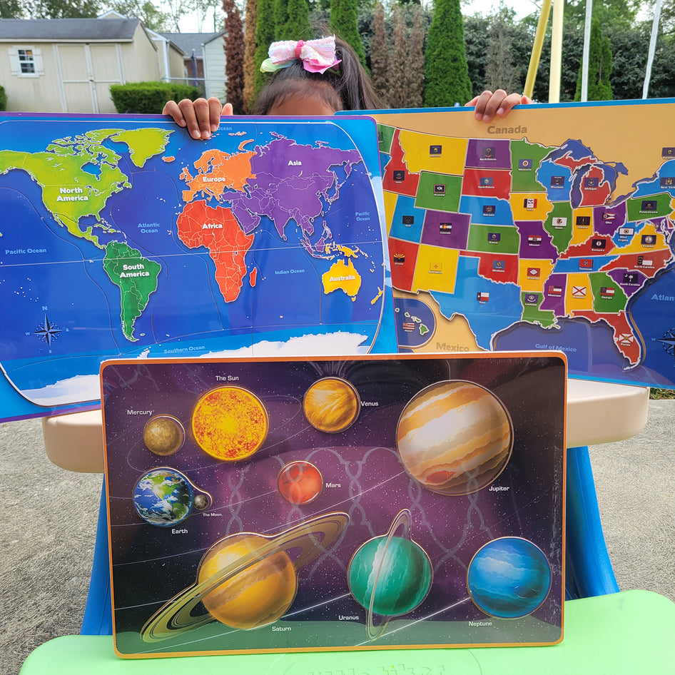 Our World Puzzle Set by simplyFun helps teach USA and world geography and astronomy.