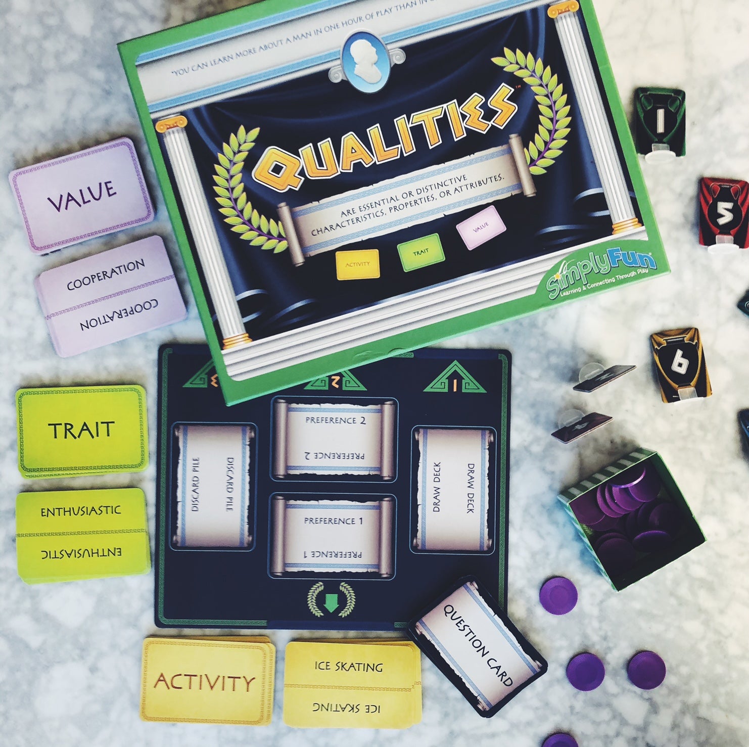 Qualities by SimplyFun is a social relationship game focusing on probability for ages 12 and up.