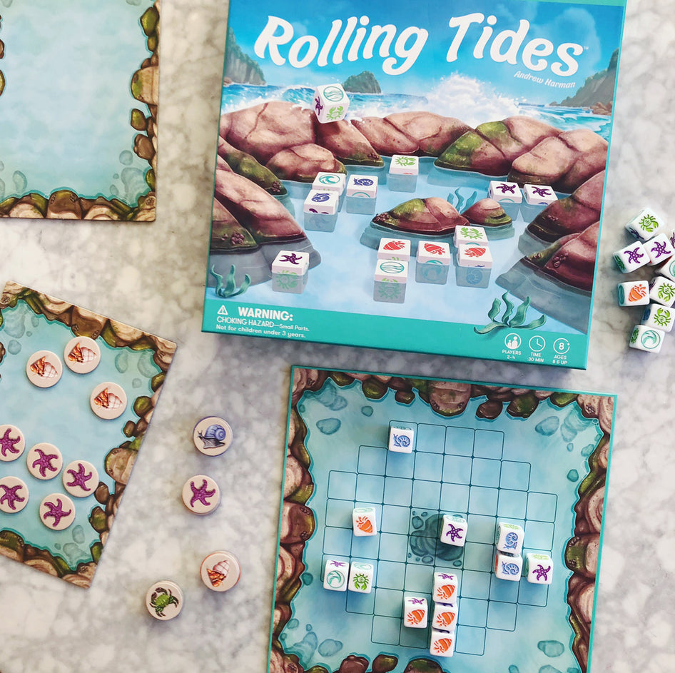 Rolling Tides by SimplyFun is an ocean-themed game focusing on decision making and spatial reasoning game for ages 8 and up.