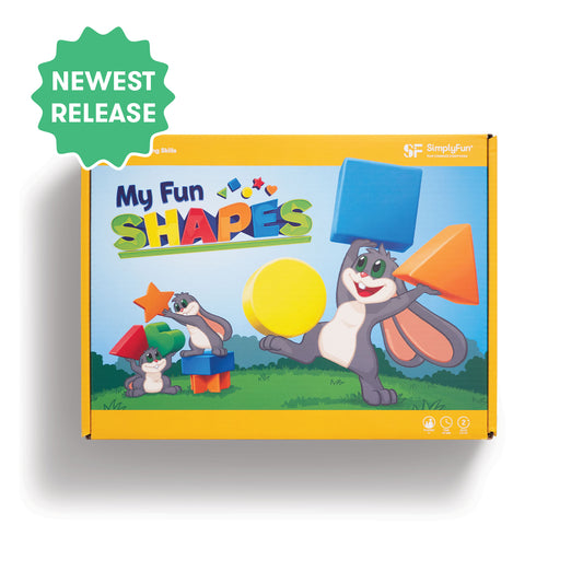 My Fun Shapes by SimplyFun. 30 wooden blocks and disc cards to aid in learning colors and shapes, and practicing fine motor skills.