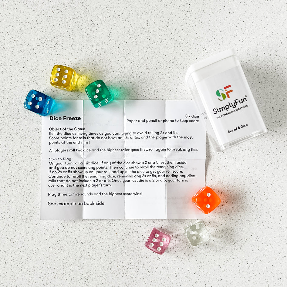 Six colorful dice in a travel box, with a dice game, by SimplyFun.