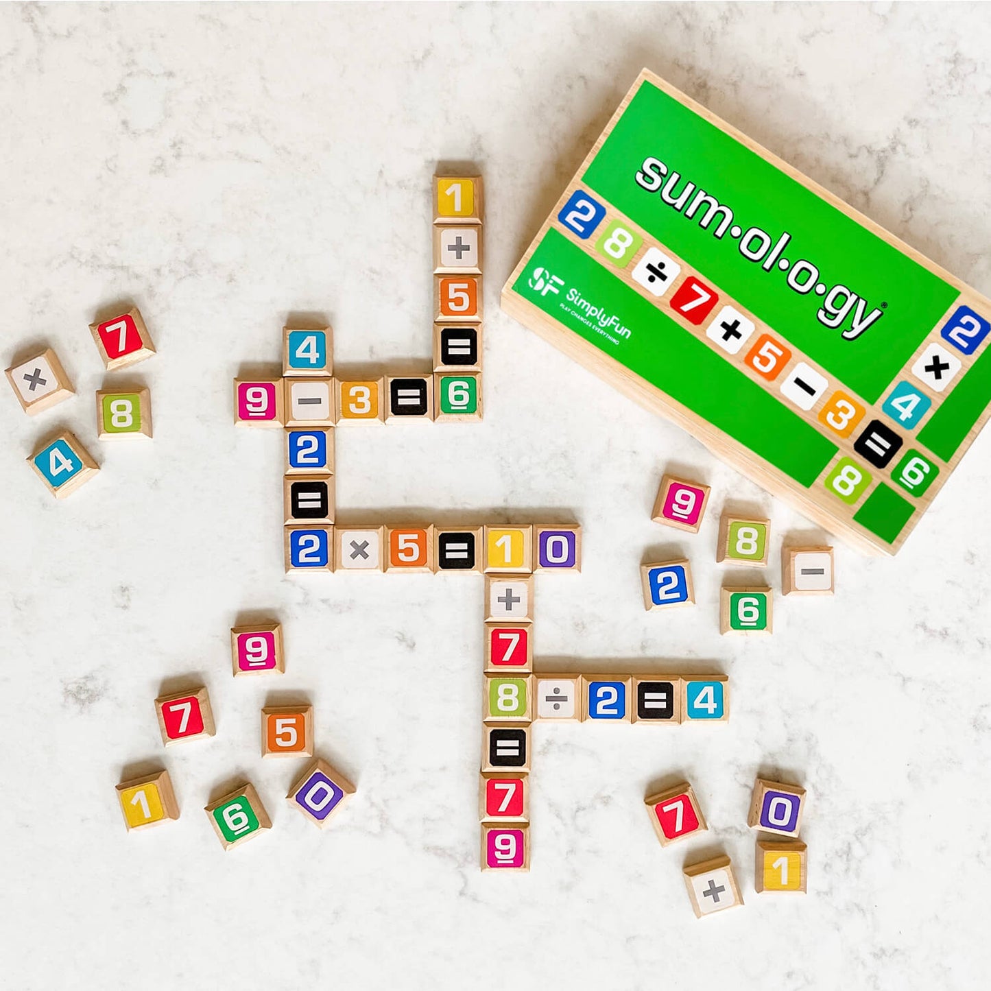 Sumology by SimplyFun is a fun math game focusing on addition, multiplication, subtraction, and division. It's like scrabble for math.-SimplyFun