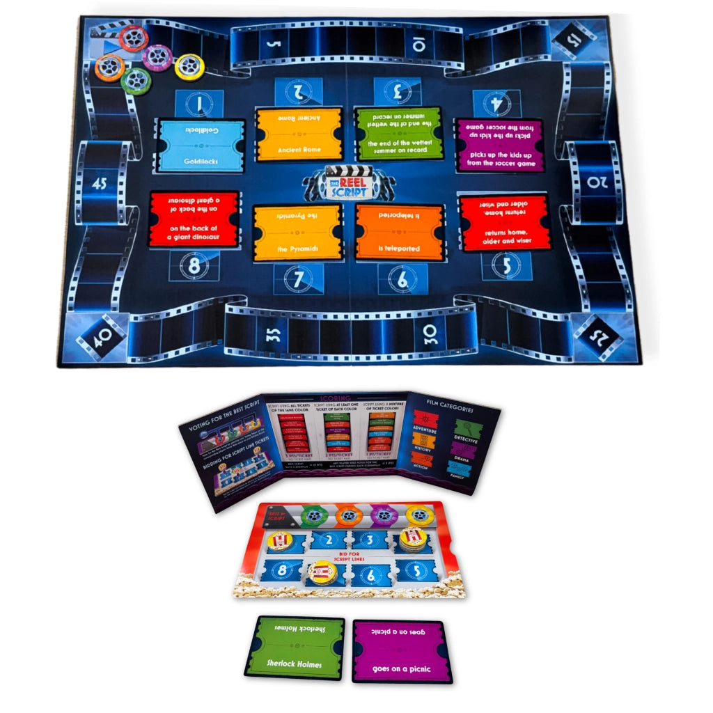 The Reel Script game by SimplyFun featuring colorful movie reels and script line tickets for creative storytelling.-SimplyFun