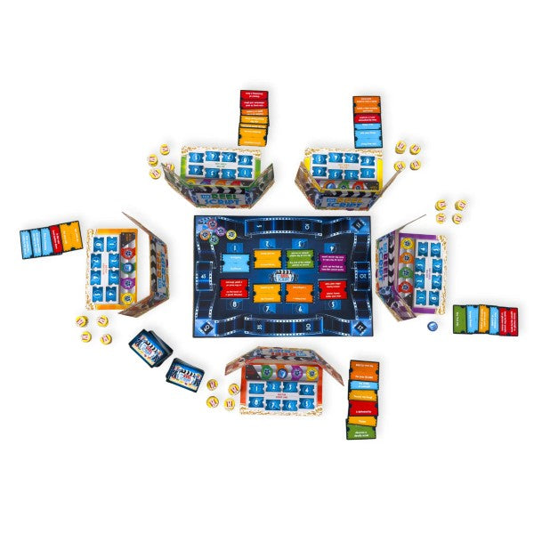 The Reel Script game by SimplyFun featuring colorful movie reels and script line tickets for creative storytelling.-SimplyFun