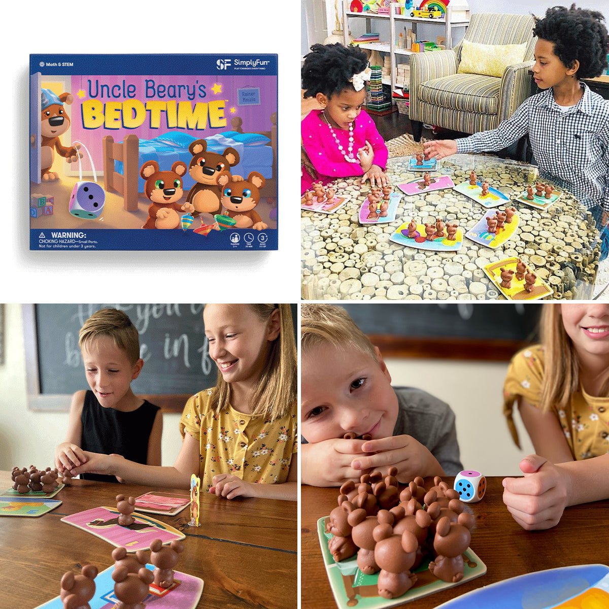 My First Game Set, introductory games for ages 3+, by SimplyFun. Featuring Uncle Beary’s Bedtime, Color Huey & The Four Seasons, and Animal Snacks.-SimplyFun