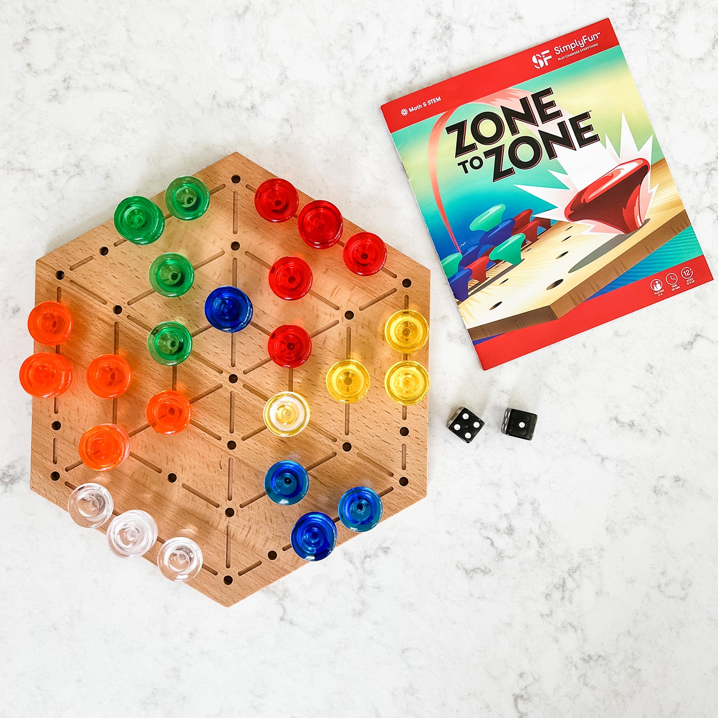 Zone to Zone by SimplyFun is a fun spatial reasoning and probability game featuring a wooden board.
