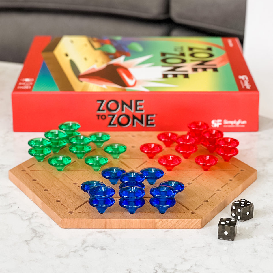 Zone to Zone by SimplyFun is a fun spatial reasoning and probability game featuring a wooden board.