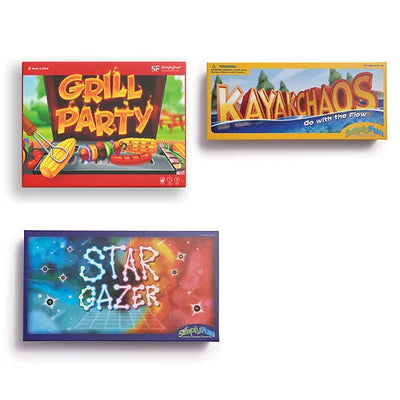 Three board game boxes titled 'Grill Party', 'Kayak Chaos', and 'Star Gazer' on a white background.