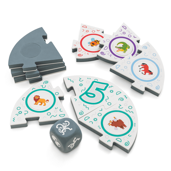 Dance Like a Lemur game from SimplyFun. Featuring a colorful box with playful lemur illustration and foam game puzzle pieces and die with a variety of animal and icon imagery. -SimplyFun