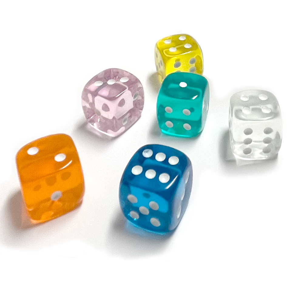 Six colorful dice in a travel box, with a dice game, by SimplyFun.