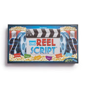 The Reel Script game by SimplyFun featuring colorful movie reels and script line tickets for creative storytelling.