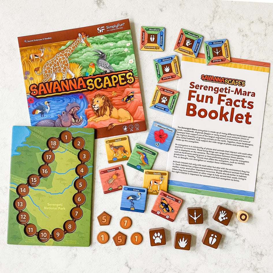 SavannaScapes by SimplyFun is an ecosystems game and strategy game for ages 7 and up.